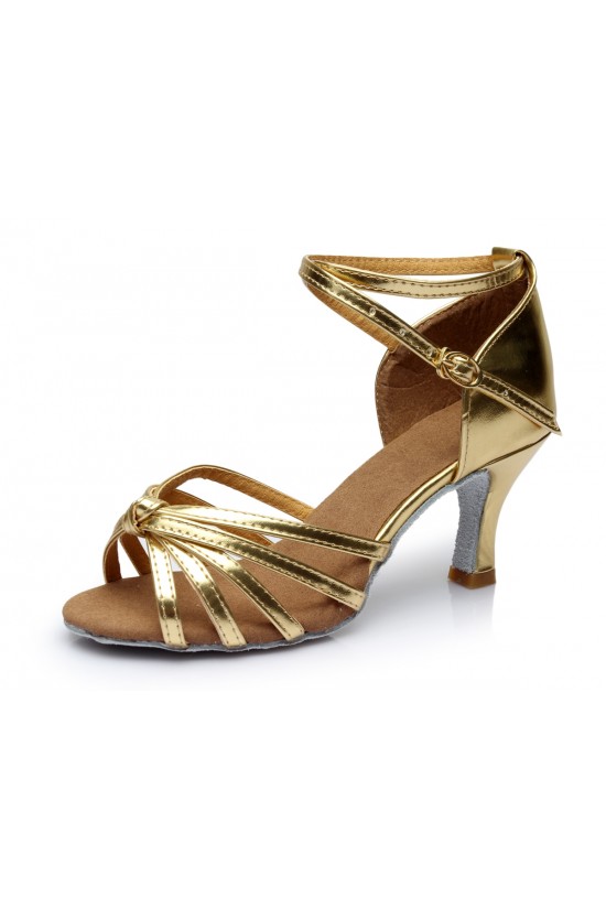 Women's Gold Leatherette Heels Sandals Latin Salsa With Ankle Strap Dance Shoes D602013