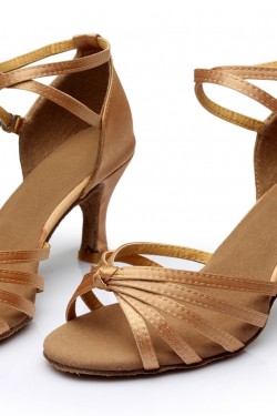 Women's Tan Satin Heels Sandals Latin Salsa With Ankle Strap Dance Shoes D602014