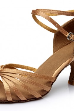 Women's Tan Satin Heels Sandals Latin Salsa With Ankle Strap Dance Shoes D602014