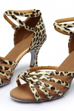 Women's Leopard Satin Heels Sandals Latin Salsa With Ankle Strap Dance Shoes D602015