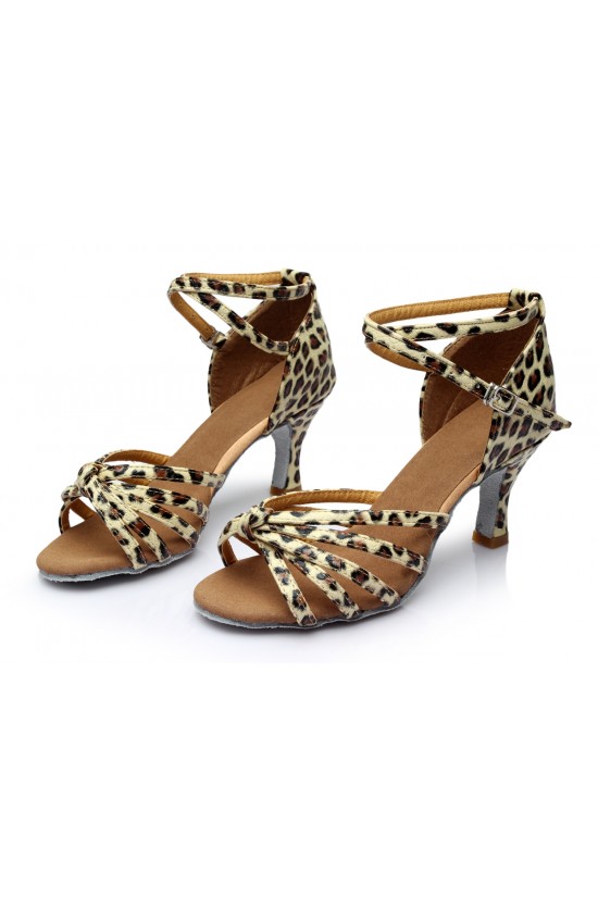 Women's Leopard Satin Heels Sandals Latin Salsa With Ankle Strap Dance Shoes D602015