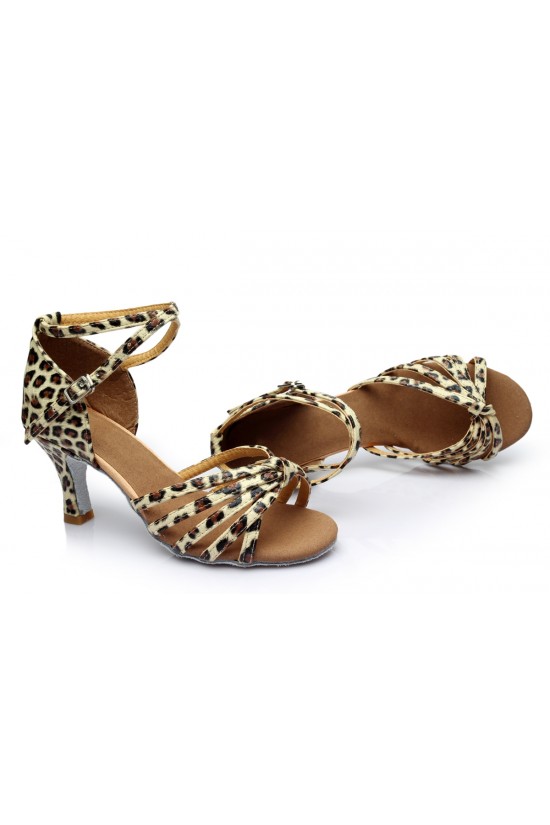 Women's Leopard Satin Heels Sandals Latin Salsa With Ankle Strap Dance Shoes D602015