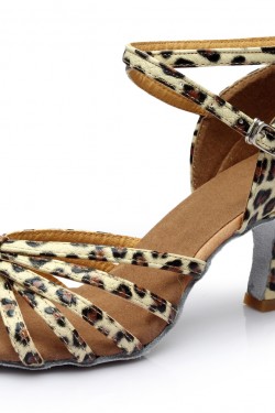Women's Leopard Satin Heels Sandals Latin Salsa With Ankle Strap Dance Shoes D602015