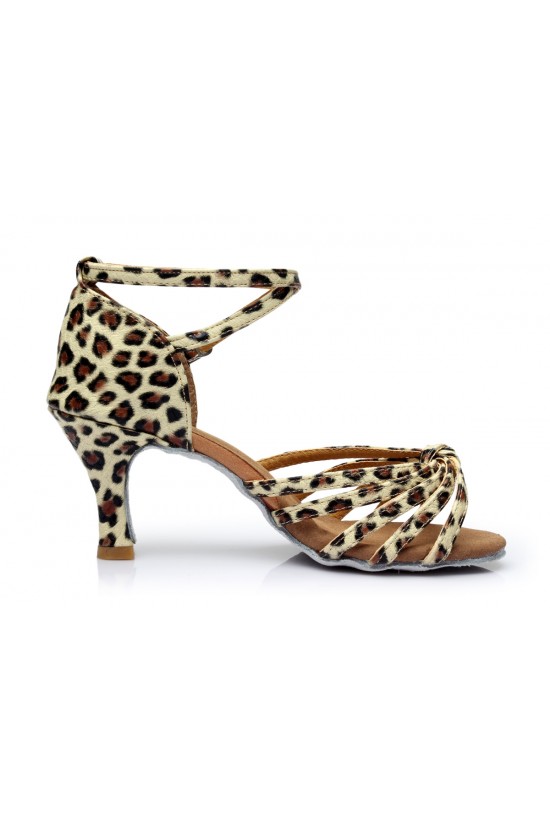 Women's Leopard Satin Heels Sandals Latin Salsa With Ankle Strap Dance Shoes D602015