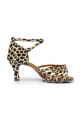 Women's Leopard Satin Heels Sandals Latin Salsa With Ankle Strap Dance Shoes D602015