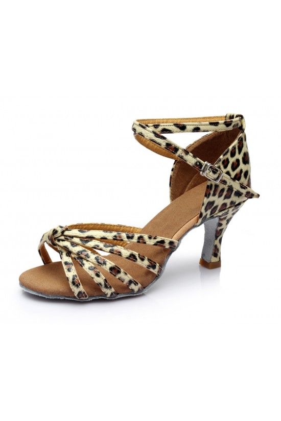 Women's Leopard Satin Heels Sandals Latin Salsa With Ankle Strap Dance Shoes D602015