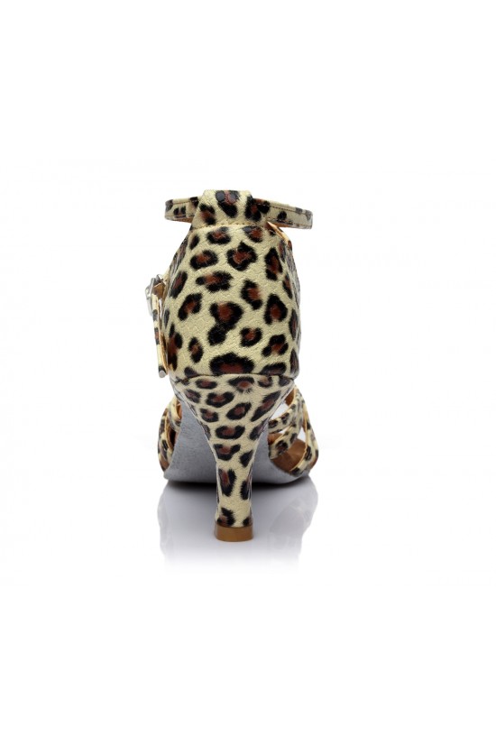 Women's Leopard Satin Heels Sandals Latin Salsa With Ankle Strap Dance Shoes D602015