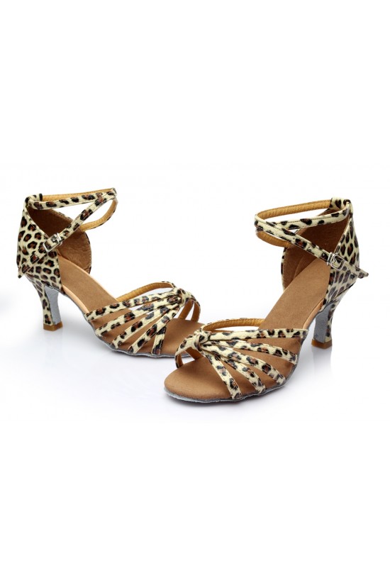 Women's Leopard Satin Heels Sandals Latin Salsa With Ankle Strap Dance Shoes D602015