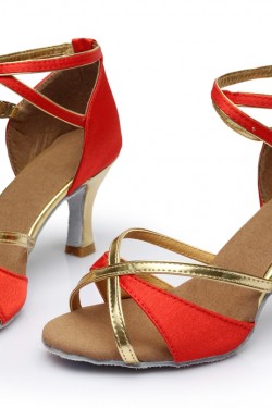Women's Red Gold Satin Heels Sandals Latin Salsa With Ankle Strap Dance Shoes D602017
