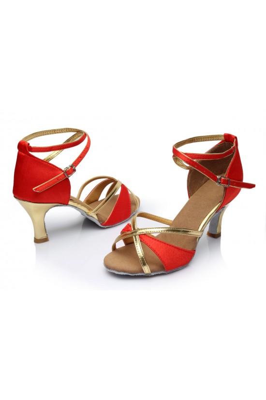 Women's Red Gold Satin Heels Sandals Latin Salsa With Ankle Strap Dance Shoes D602017