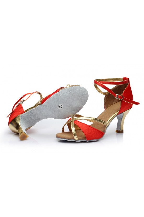 Women's Red Gold Satin Heels Sandals Latin Salsa With Ankle Strap Dance Shoes D602017