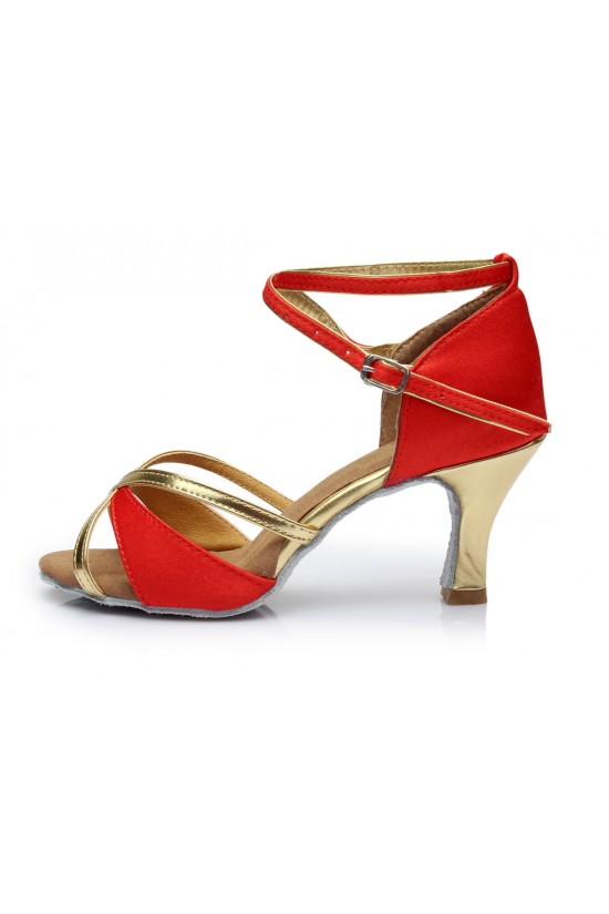 Women's Red Gold Satin Heels Sandals Latin Salsa With Ankle Strap Dance Shoes D602017