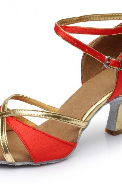 Women's Red Gold Satin Heels Sandals Latin Salsa With Ankle Strap Dance Shoes D602017