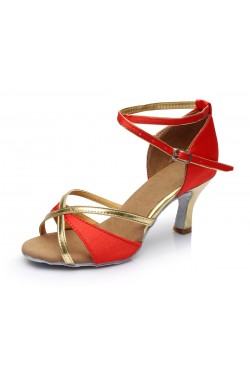 Women's Red Gold Satin Heels Sandals Latin Salsa With Ankle Strap Dance Shoes D602017