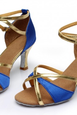 Women's Blue Gold Satin Heels Sandals Latin Salsa With Ankle Strap Dance Shoes D602018