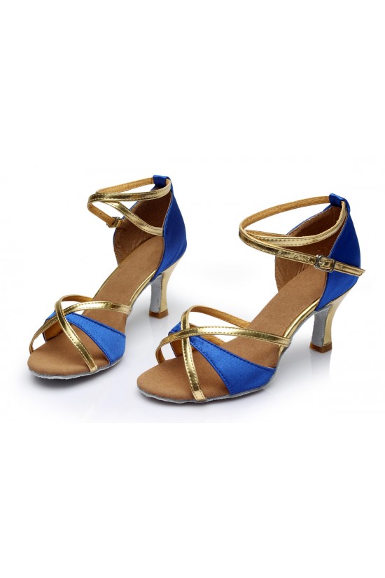 Women's Blue Gold Satin Heels Sandals Latin Salsa With Ankle Strap Dance Shoes D602018