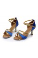 Women's Blue Gold Satin Heels Sandals Latin Salsa With Ankle Strap Dance Shoes D602018