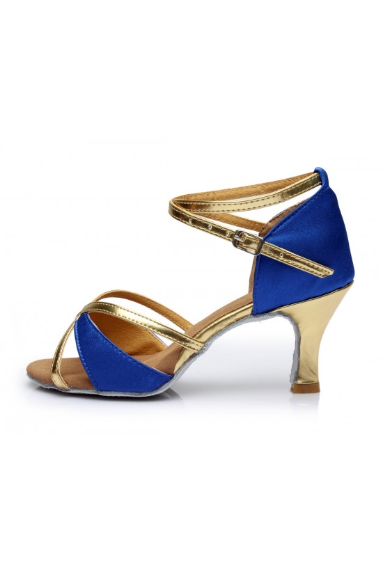 Women's Blue Gold Satin Heels Sandals Latin Salsa With Ankle Strap Dance Shoes D602018