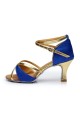 Women's Blue Gold Satin Heels Sandals Latin Salsa With Ankle Strap Dance Shoes D602018