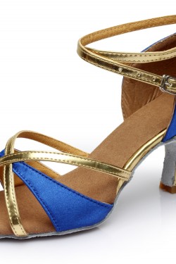 Women's Blue Gold Satin Heels Sandals Latin Salsa With Ankle Strap Dance Shoes D602018