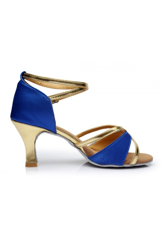 Women's Blue Gold Satin Heels Sandals Latin Salsa With Ankle Strap Dance Shoes D602018