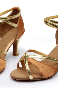 Women's Brown Gold Satin Heels Sandals Latin Salsa With Ankle Strap Dance Shoes D602019