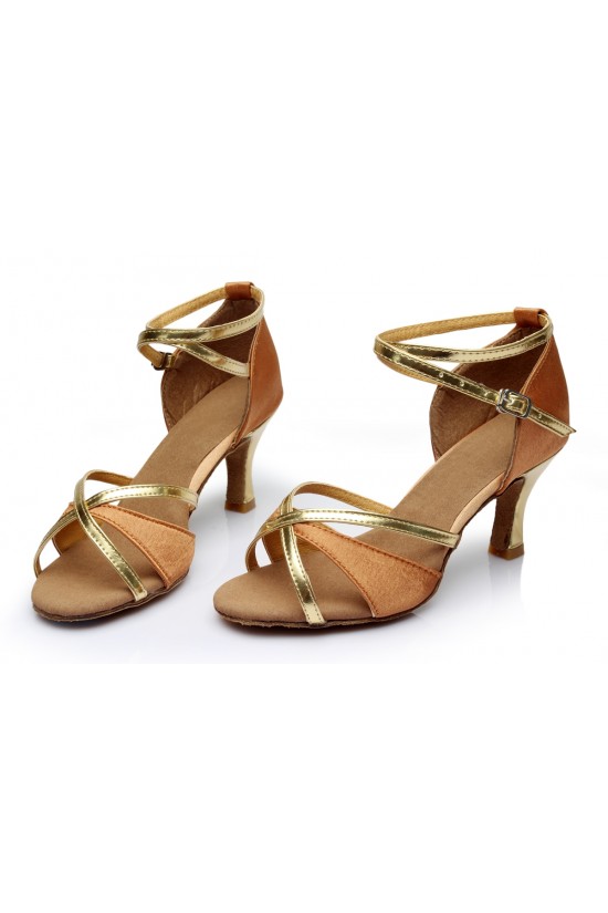 Women's Brown Gold Satin Heels Sandals Latin Salsa With Ankle Strap Dance Shoes D602019