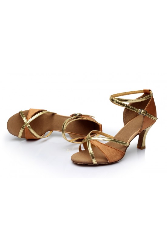 Women's Brown Gold Satin Heels Sandals Latin Salsa With Ankle Strap Dance Shoes D602019