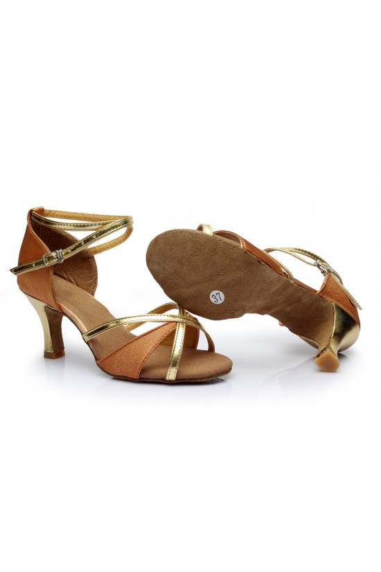 Women's Brown Gold Satin Heels Sandals Latin Salsa With Ankle Strap Dance Shoes D602019