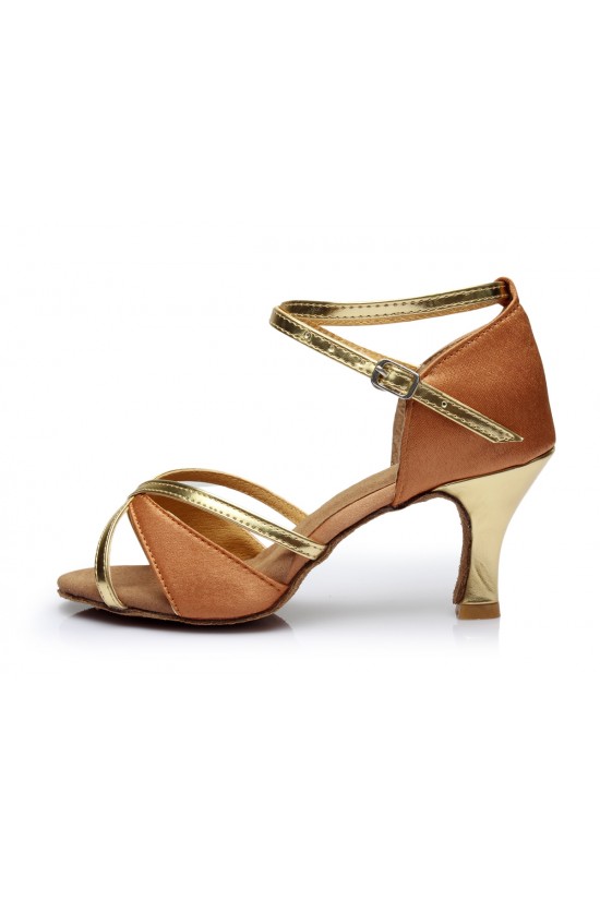 Women's Brown Gold Satin Heels Sandals Latin Salsa With Ankle Strap Dance Shoes D602019
