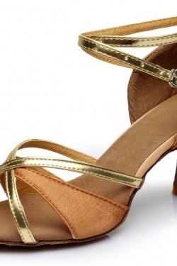 Women's Brown Gold Satin Heels Sandals Latin Salsa With Ankle Strap Dance Shoes D602019