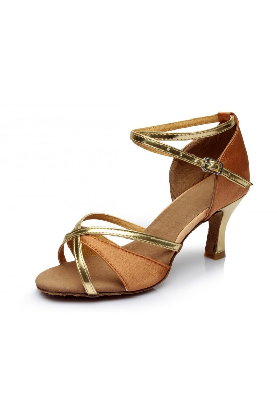 Women's Brown Gold Satin Heels Sandals Latin Salsa With Ankle Strap Dance Shoes D602019