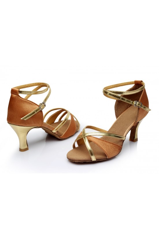 Women's Brown Gold Satin Heels Sandals Latin Salsa With Ankle Strap Dance Shoes D602019