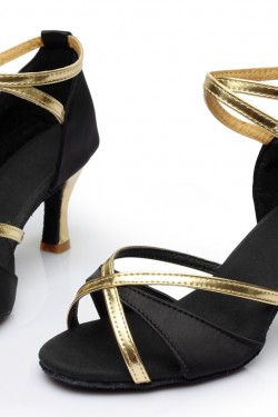 Women's Black Gold Satin Heels Sandals Latin Salsa With Ankle Strap Dance Shoes D602020