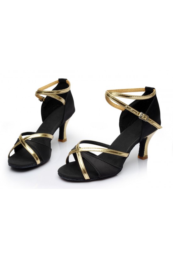 Women's Black Gold Satin Heels Sandals Latin Salsa With Ankle Strap Dance Shoes D602020