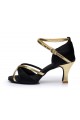 Women's Black Gold Satin Heels Sandals Latin Salsa With Ankle Strap Dance Shoes D602020