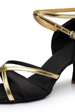 Women's Black Gold Satin Heels Sandals Latin Salsa With Ankle Strap Dance Shoes D602020