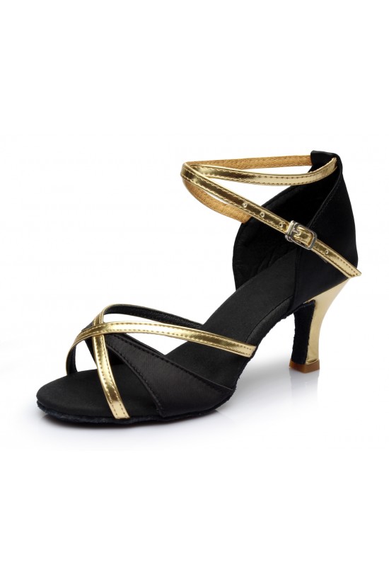 Women's Black Gold Satin Heels Sandals Latin Salsa With Ankle Strap Dance Shoes D602020