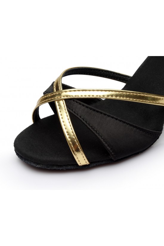 Women's Black Gold Satin Heels Sandals Latin Salsa With Ankle Strap Dance Shoes D602020