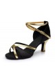 Women's Black Gold Satin Heels Sandals Latin Salsa With Ankle Strap Dance Shoes D602020