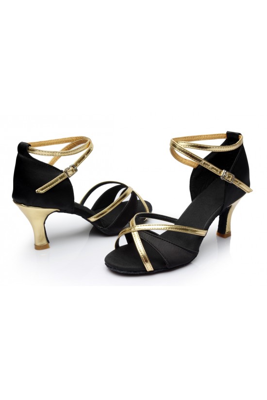 Women's Black Gold Satin Heels Sandals Latin Salsa With Ankle Strap Dance Shoes D602020