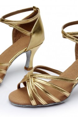 Women's Gold Leatherette Heels Sandals Latin Salsa With Ankle Strap Dance Shoes D602021