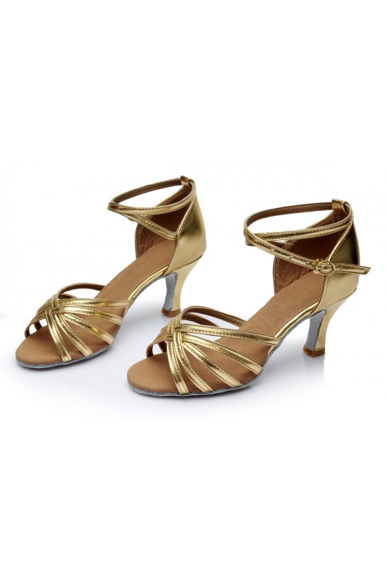 Women's Gold Leatherette Heels Sandals Latin Salsa With Ankle Strap Dance Shoes D602021