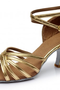 Women's Gold Leatherette Heels Sandals Latin Salsa With Ankle Strap Dance Shoes D602021