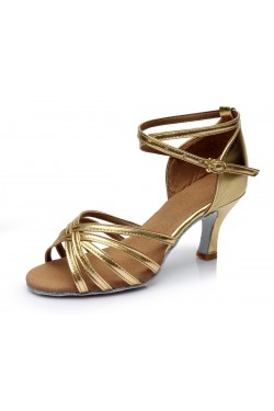 Women's Gold Leatherette Heels Sandals Latin Salsa With Ankle Strap Dance Shoes D602021