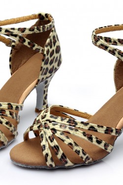 Women's Leopard Satin Heels Sandals Latin Salsa With Ankle Strap Dance Shoes D602022