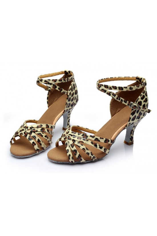 Women's Leopard Satin Heels Sandals Latin Salsa With Ankle Strap Dance Shoes D602022