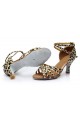 Women's Leopard Satin Heels Sandals Latin Salsa With Ankle Strap Dance Shoes D602022