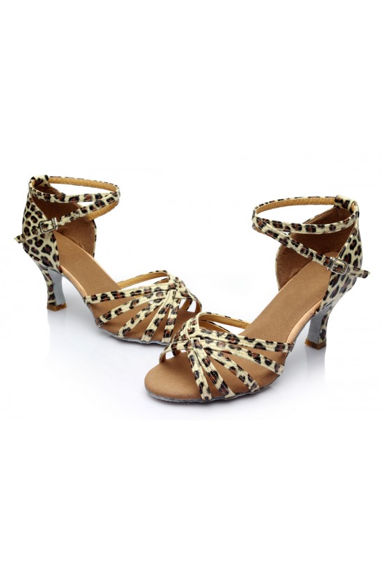 Women's Leopard Satin Heels Sandals Latin Salsa With Ankle Strap Dance Shoes D602022