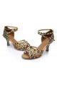 Women's Leopard Satin Heels Sandals Latin Salsa With Ankle Strap Dance Shoes D602022